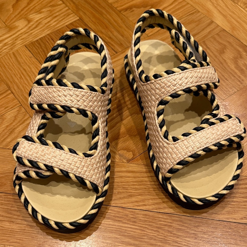 Bottega Veneta Beige Straw Sandals with Black Rope Trim